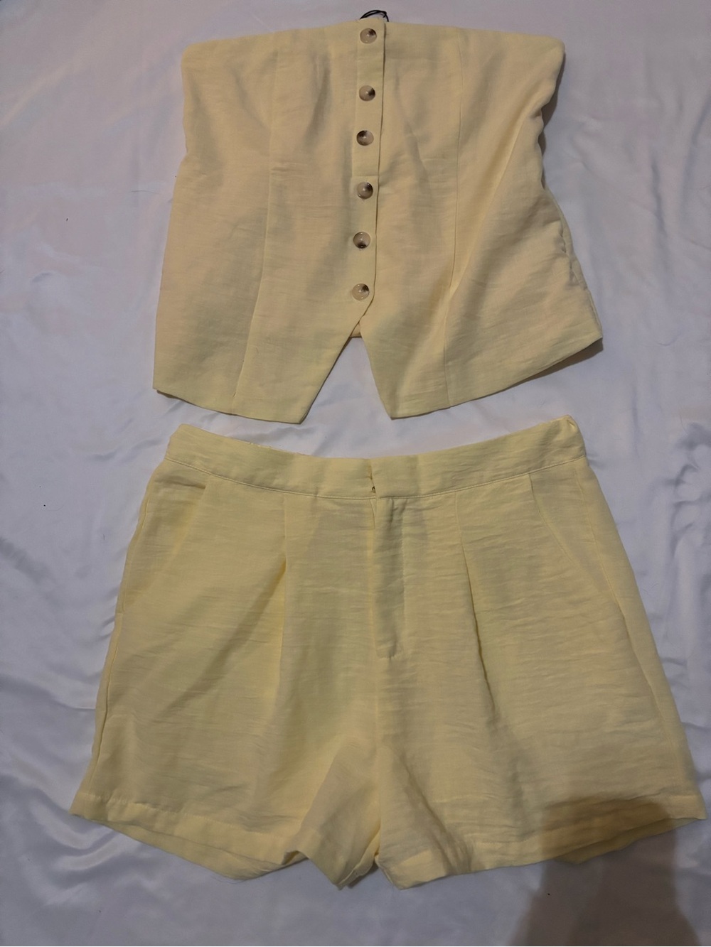 Fashion Nova Pale Yellow Strapless Button-Front Shorts Set